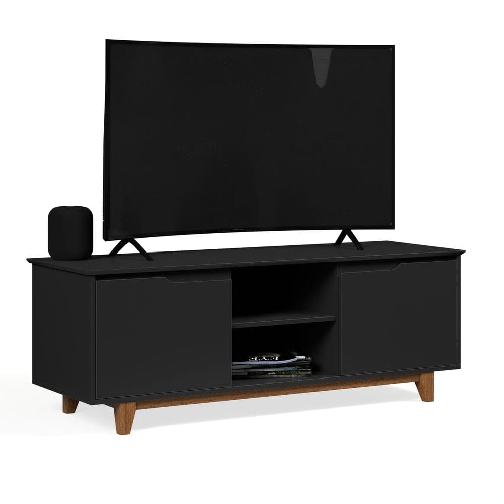 Rack Bancada Flow para Tv 146 cm 2 Portas com Pés de Madeira Preto - Rede Móveis