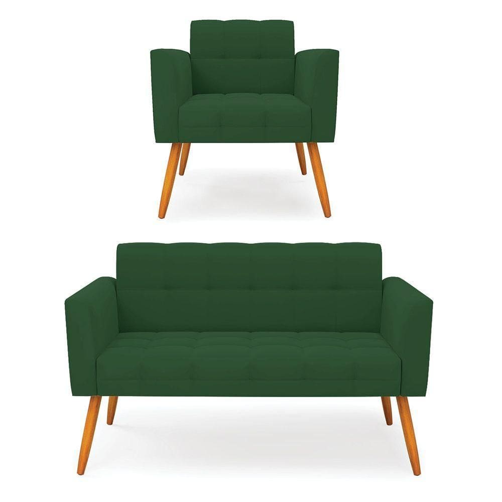 Kit 1 Sofá Namoradeira E 1 Poltrona Elisa Veludo Verde Pés Palito Castanho - D`rossi