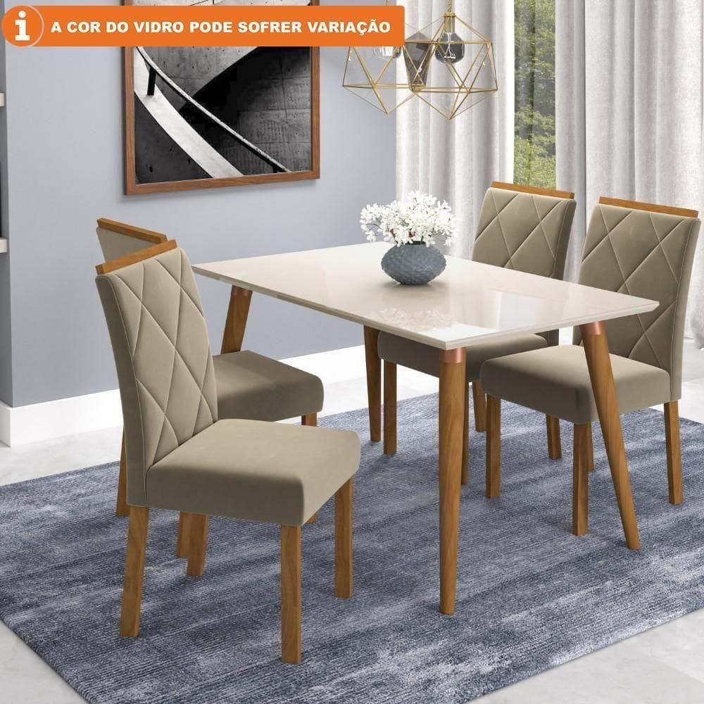 Conj Sala De Jantar 130x80 Tampo Em Mdf-vidro 4 Cadeiras Madeira Off White Joli