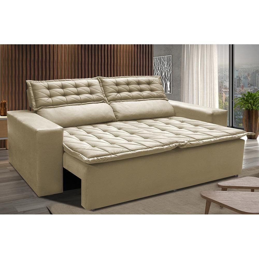 Sofá Retrátil E Reclinável Cama Inbox Slim 1,50m Tecido Suede Velusoft Bege