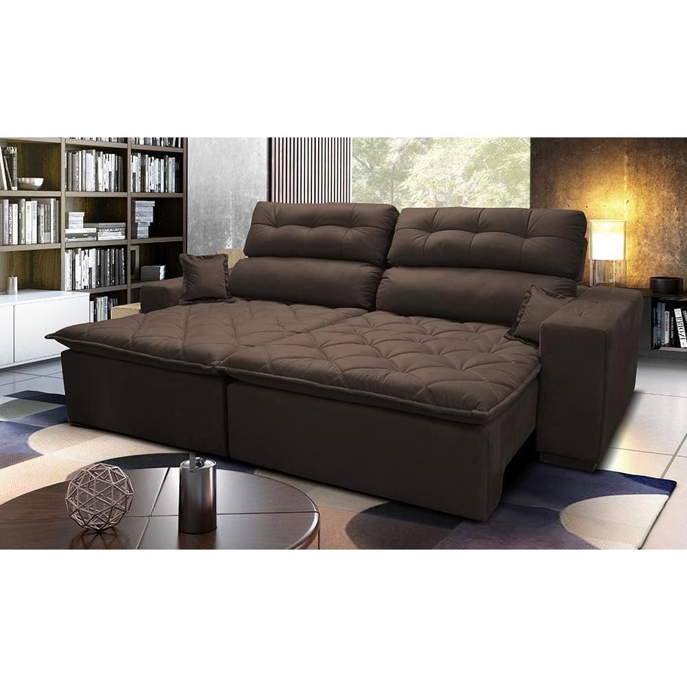 Sofá 3,02m Retrátil E Reclinável Com Molas Cama Inbox Confort Tecido Suede Velusoft Café
