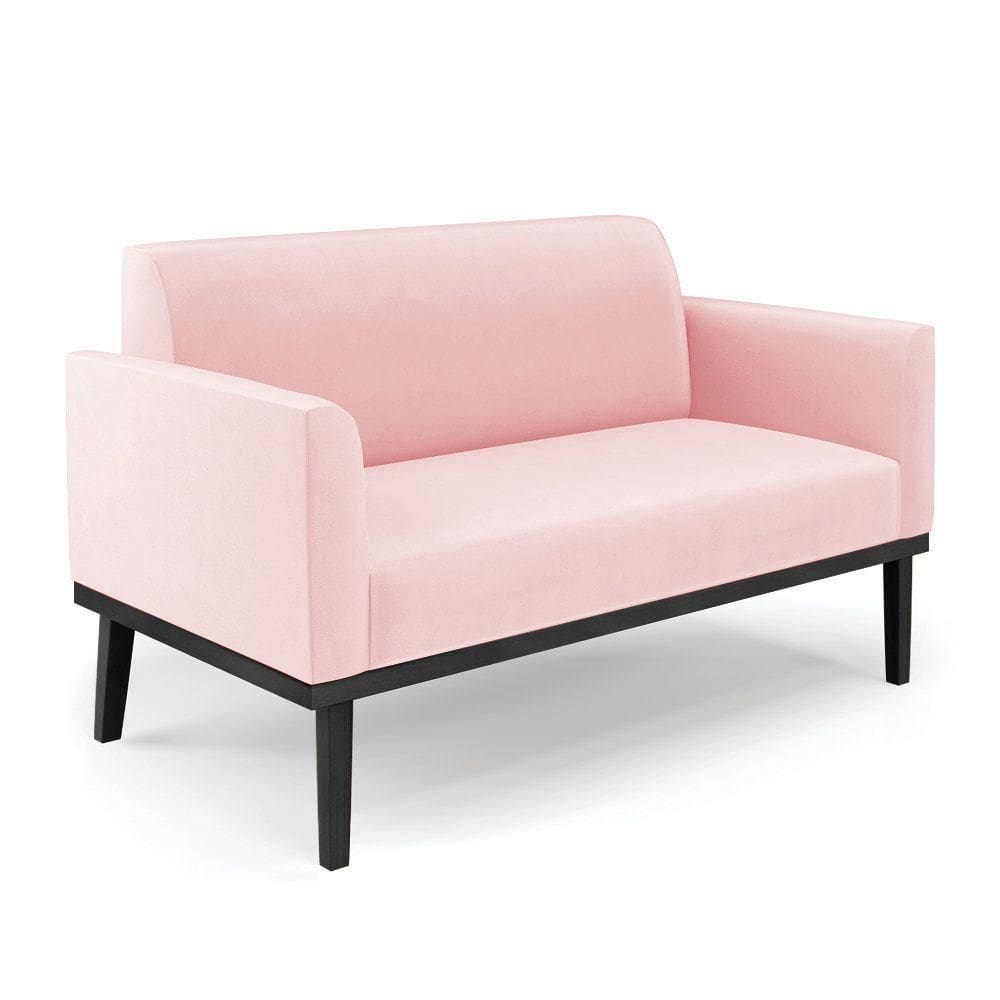 Poltrona Namoradeira Decorativa Pés Fixo Em Madeira Preto Suede Rosa Bebê