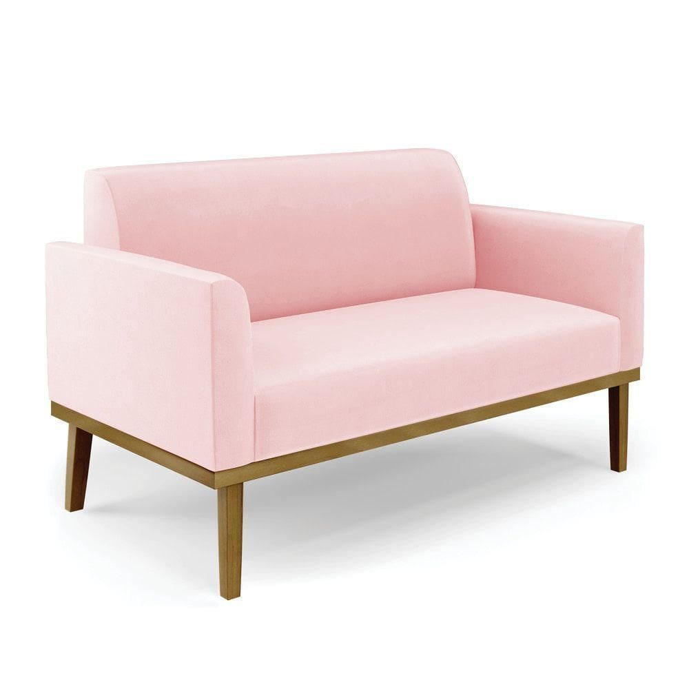 Poltrona Namoradeira Decorativa Pés Fixo Em Madeira Castanho Suede Rosa Bebê