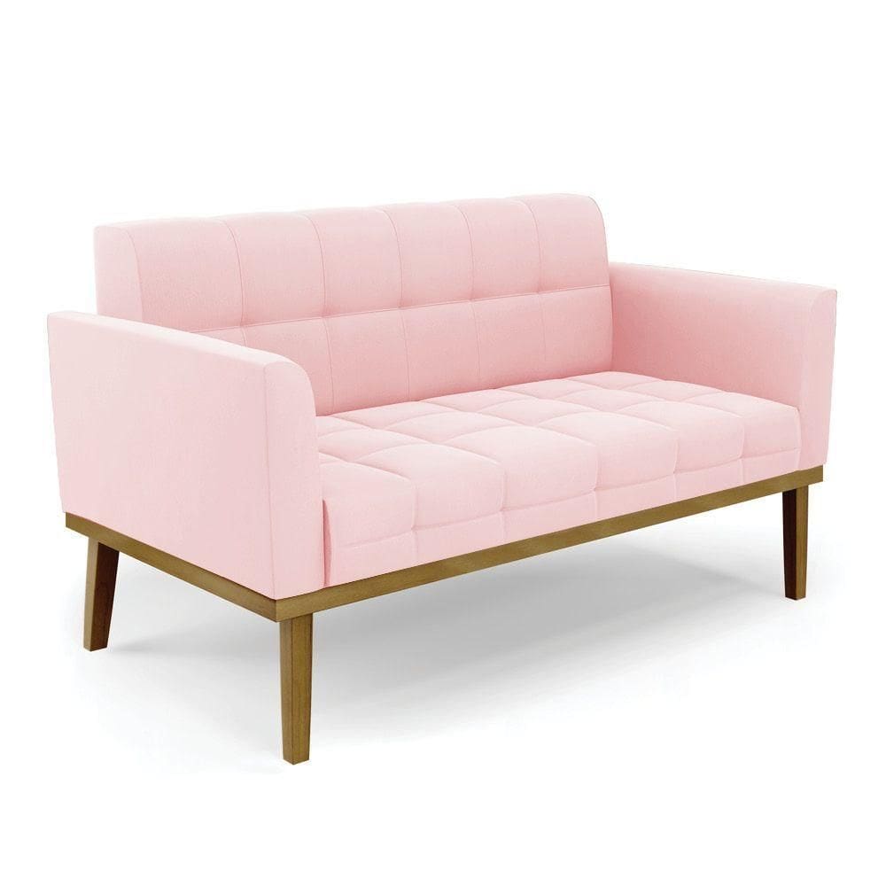 Poltrona Namoradeira Decorativa Pés Fixo Em Madeira Castanho Suede Rosa Bebê