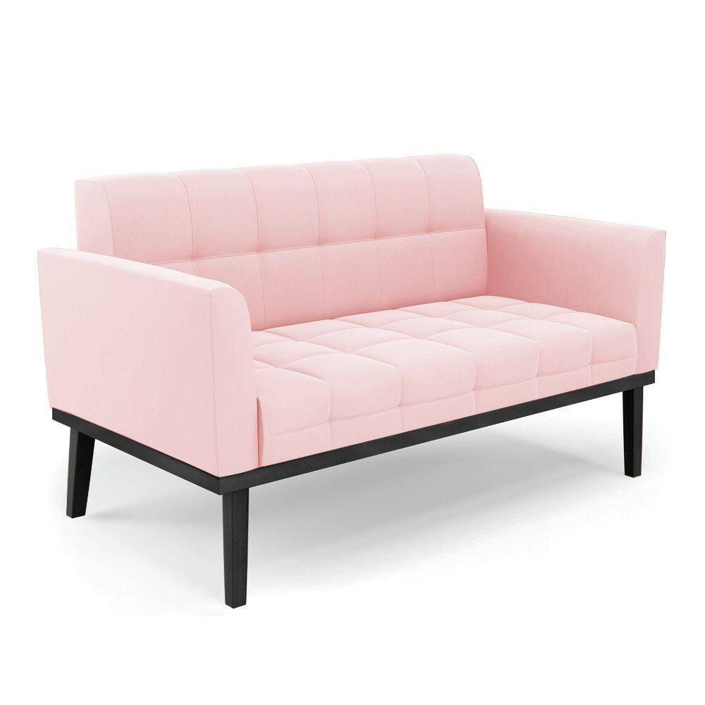 Poltrona Namoradeira Decorativa Pés Fixo Em Madeira Preto Suede Rosa Bebê