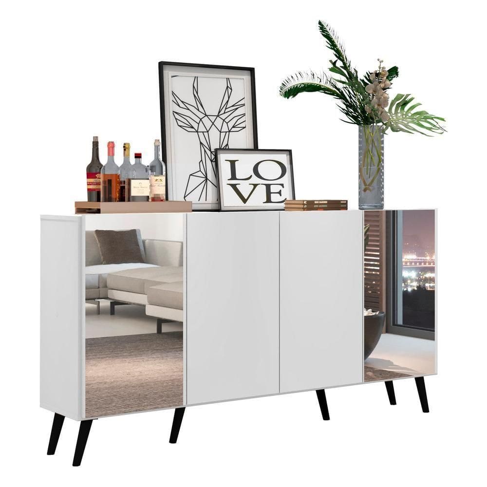 Aparador Buffet com Espelho e Pés Retrô Branco/preto