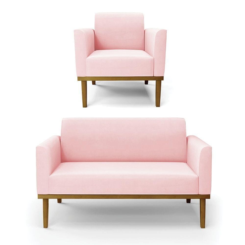 Conjunto Poltrona E Namoradeira Decorativa Pés Fixo Em Madeira Castanho Suede Rosa Bebê