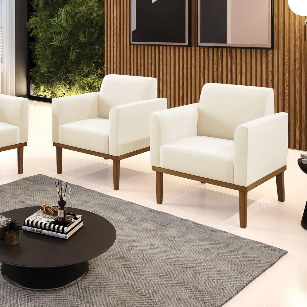 Kit 2 Poltronas Decorativas Pés Fixo Em Madeira Castanho Veludo Bege
