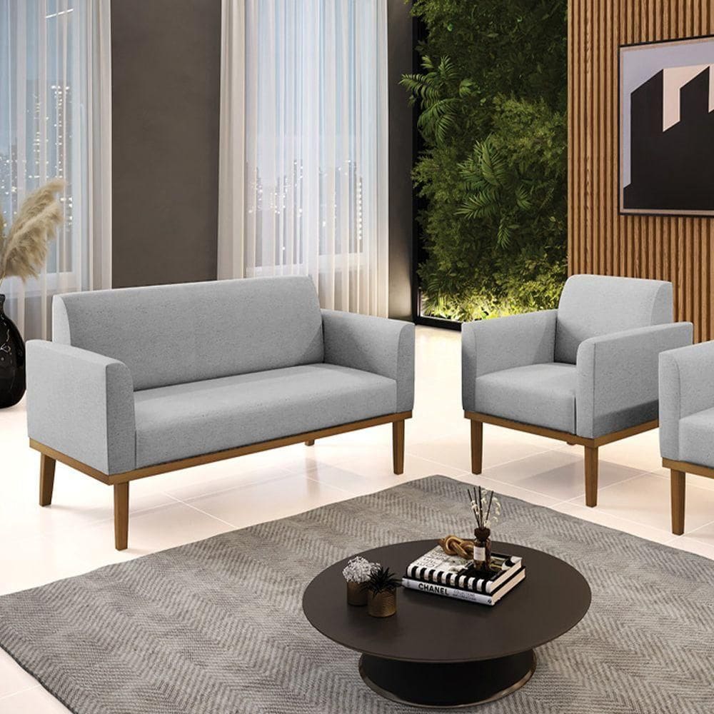 Conjunto Poltrona E Namoradeira Decorativa Pés Fixo Em Madeira Castanho Linho Cinza