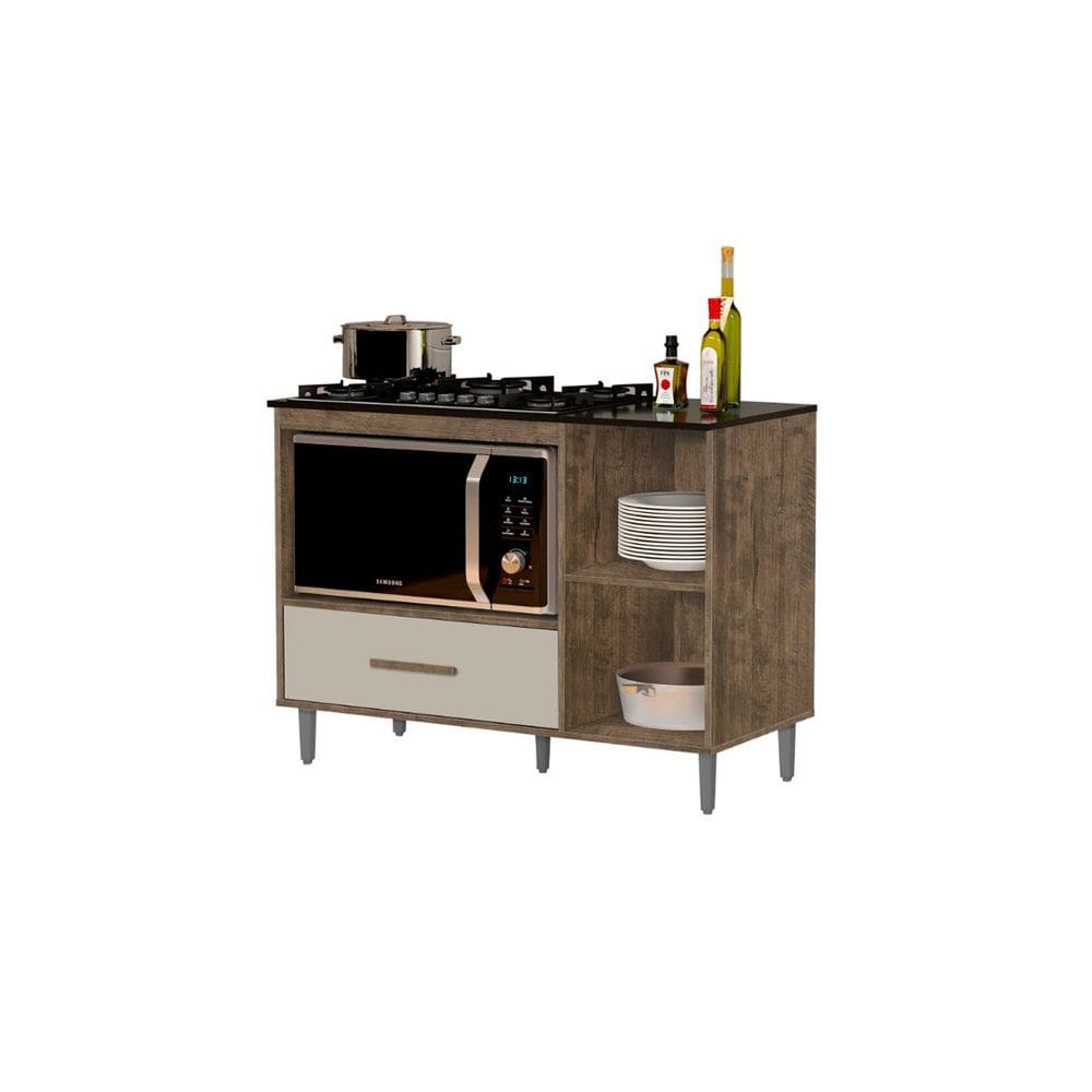 Balcão de Cozinha Para Fogão Cooktop com Nicho para Microondas Cordoba Canela Off White