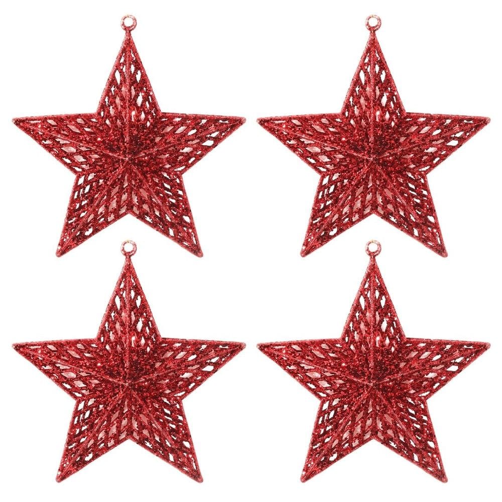 Kit 4 Estrelas Glitter Vazado Vermelha Natal Brilho 3D 18cm - Magizi