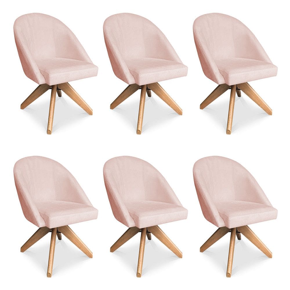 Kit 06 Poltronas Cadeira Giratória Bela Suede Rosa Bebê Base de Madeira - Pallazio