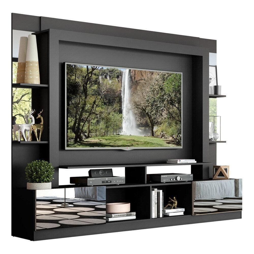 Estante Tv 65" Com Espelho Oslo Multimóveis V3389 Preta/Lacca Fumê Preto/Lacca Fumê