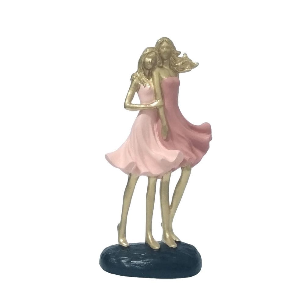 Estatueta Decorativa Dupla de Irmãs em Gesso Colorida