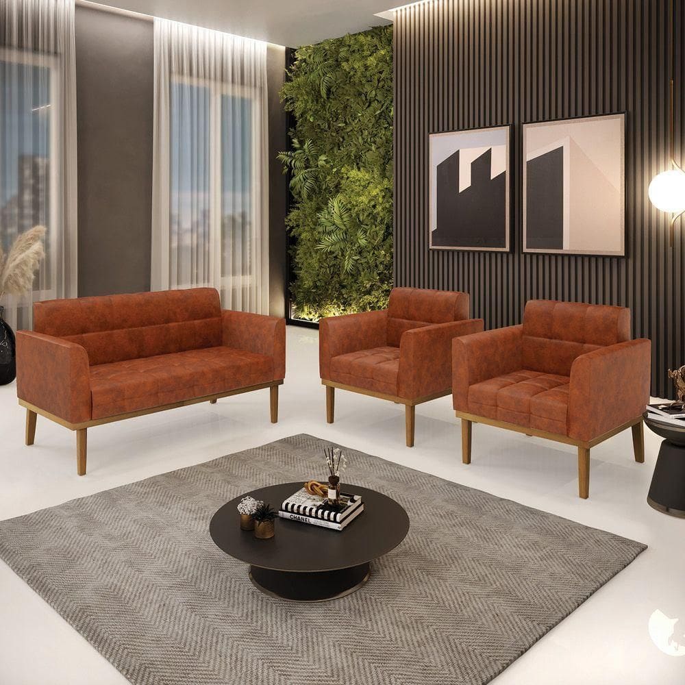 Conjunto 2 Poltronas E 1 Namoradeira Decorativa Pés Fixo Em Madeira Castanho Pu Nozes