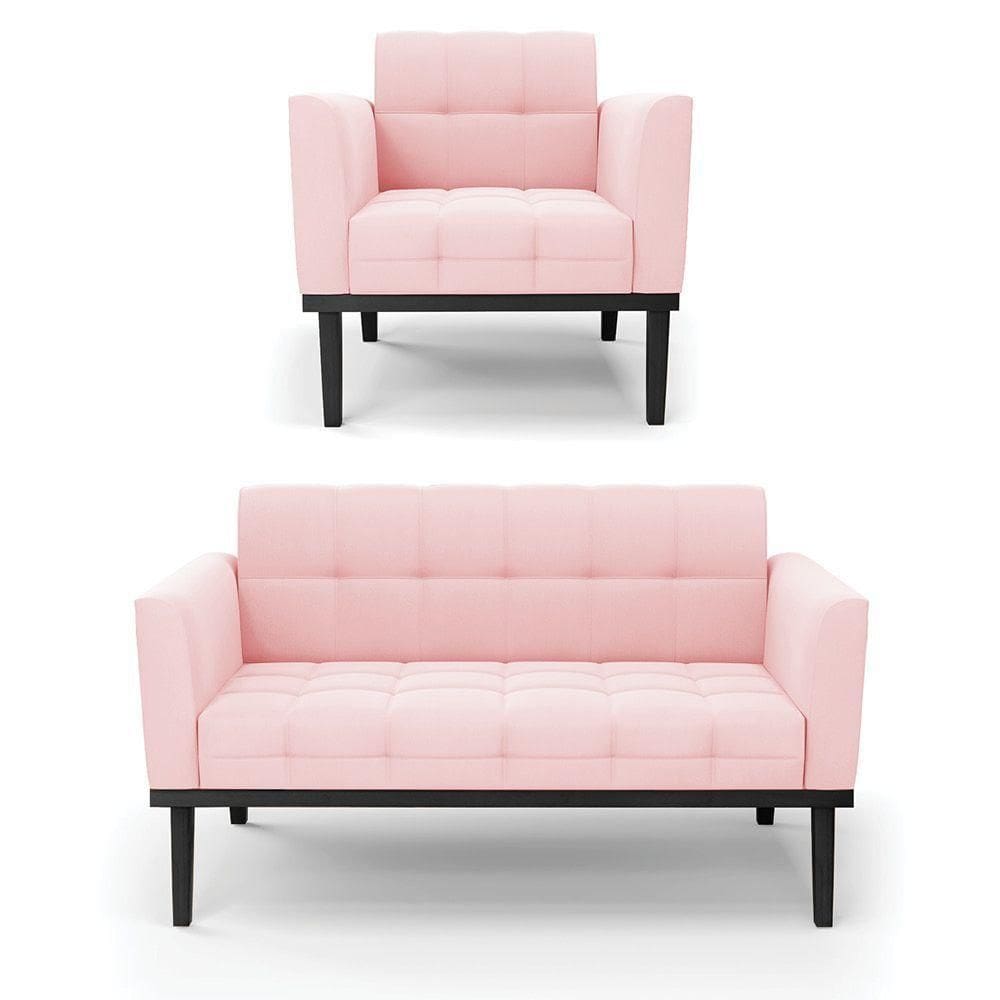 Conjunto Poltrona E Namoradeira Decorativa Pés Fixo Em Madeira Preto Suede Rosa Bebê
