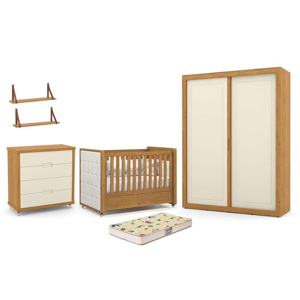 Dormitório Tutto 2 Portas, Cômoda, Berço com Capitonê, Colchão Supreme e Prateleiras - Matic Móveis