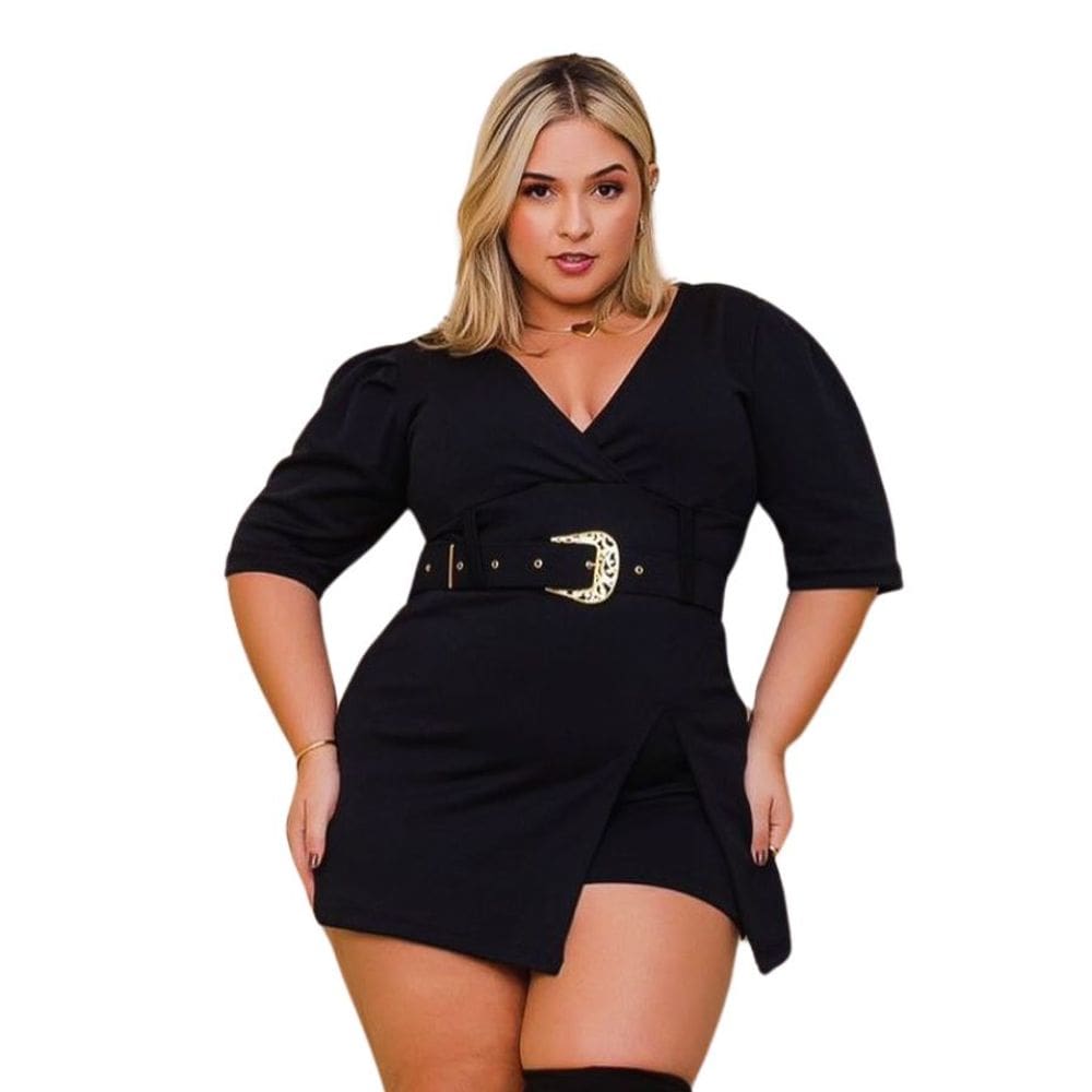 Macacão Plus Size Short Saia Feminino C manga e Cinto 0575