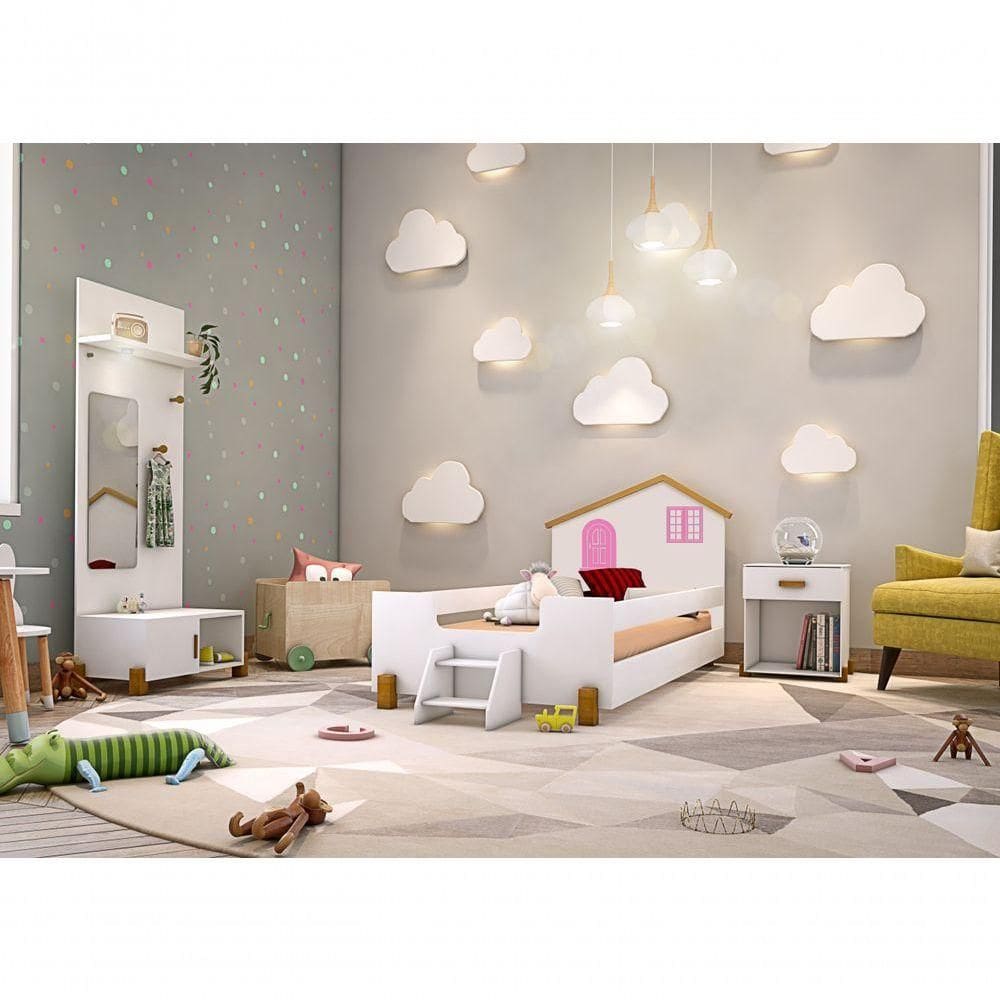 Cama Infantil Casinha Branco Mel E Rosa Com Colchão