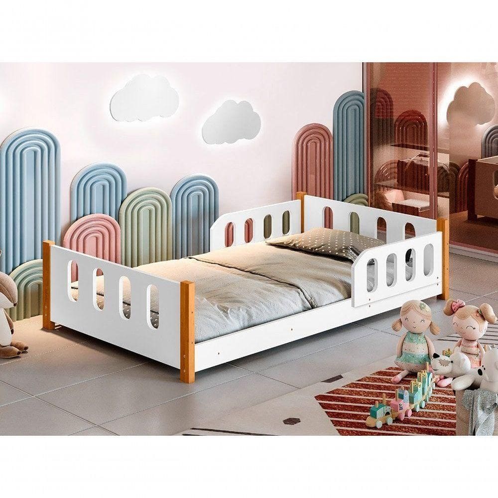 Cama Montessoriana Infantil Com Grade Branco Com Colchão