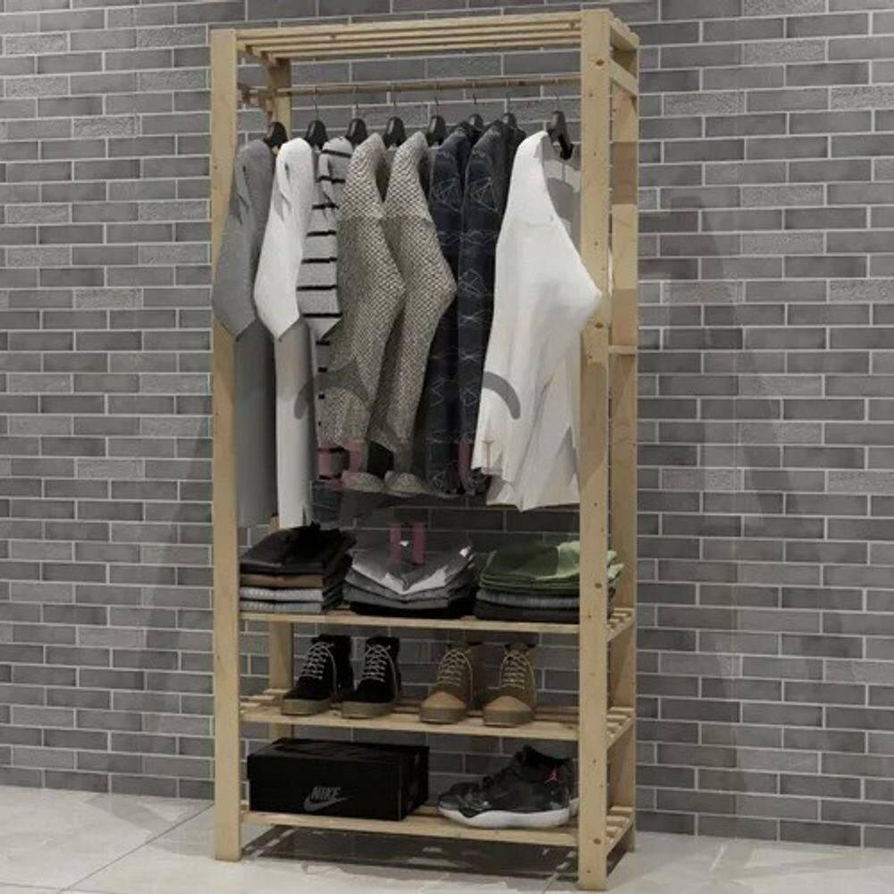 Estante Pinus Para Livros Com Cabideiro Para Roupas
