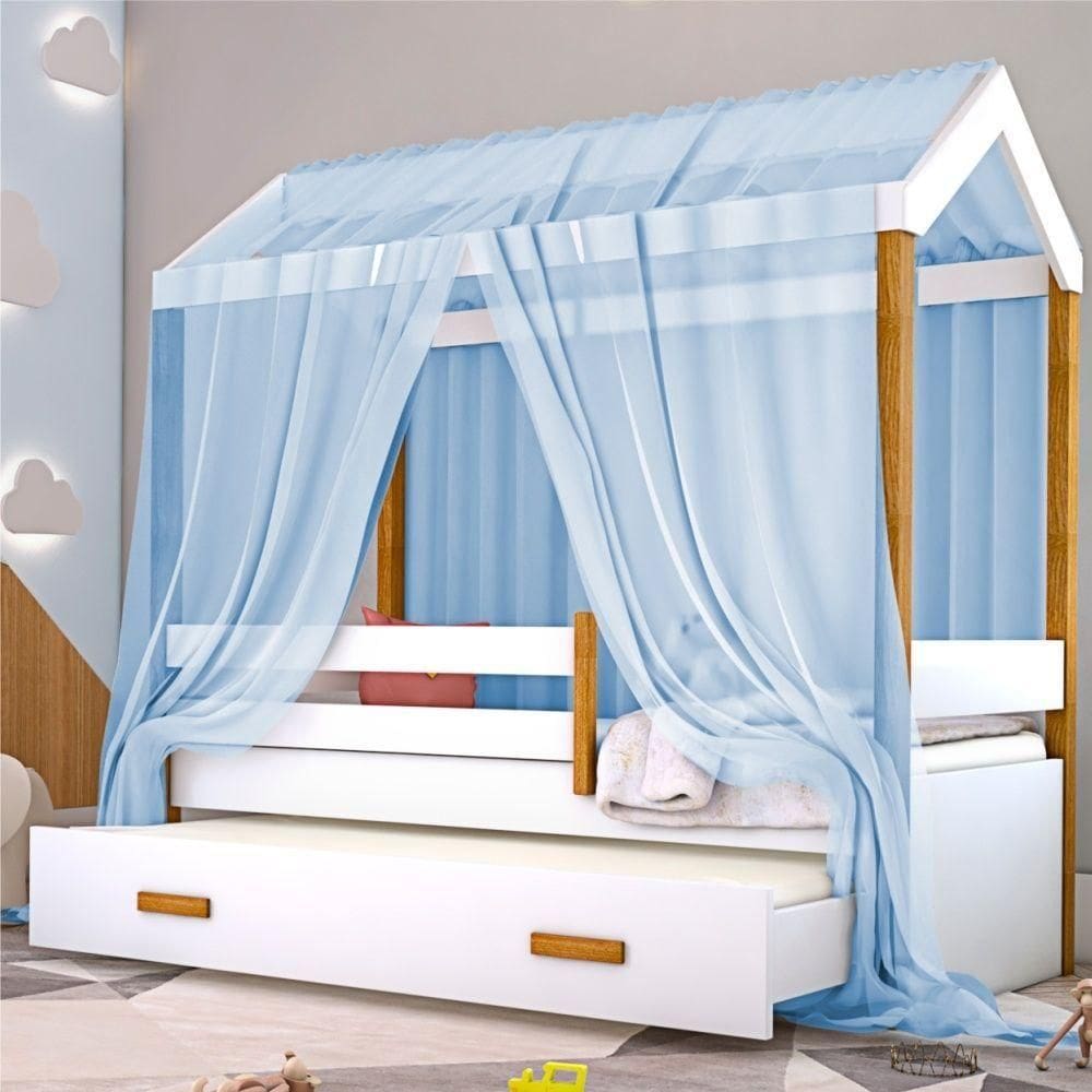 Cama Montessori Cabana Com Auxiliar Colchão E Dossel Azul
