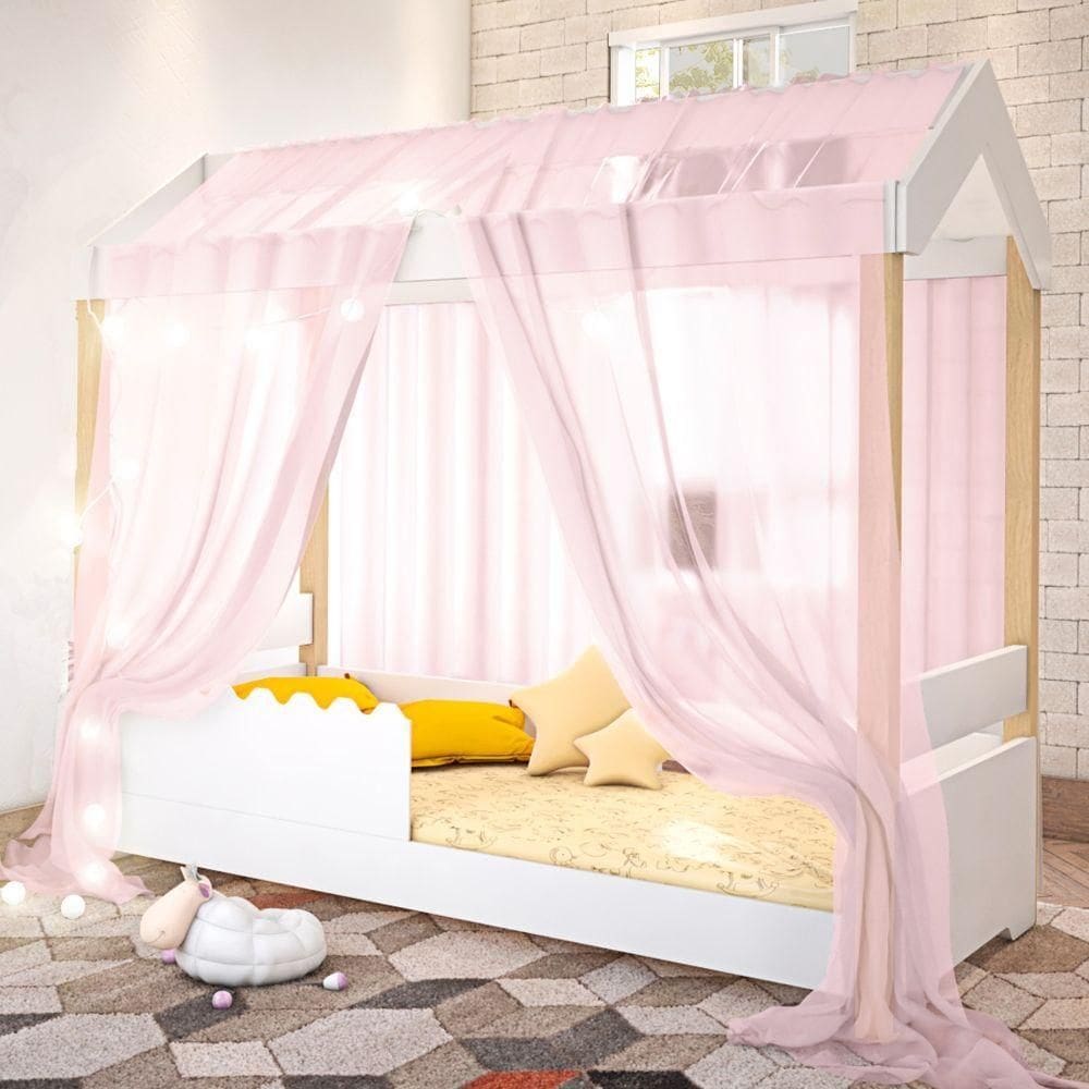 Cama De Solteiro Poppy Branco Voal Rosa Com Colchão E Led
