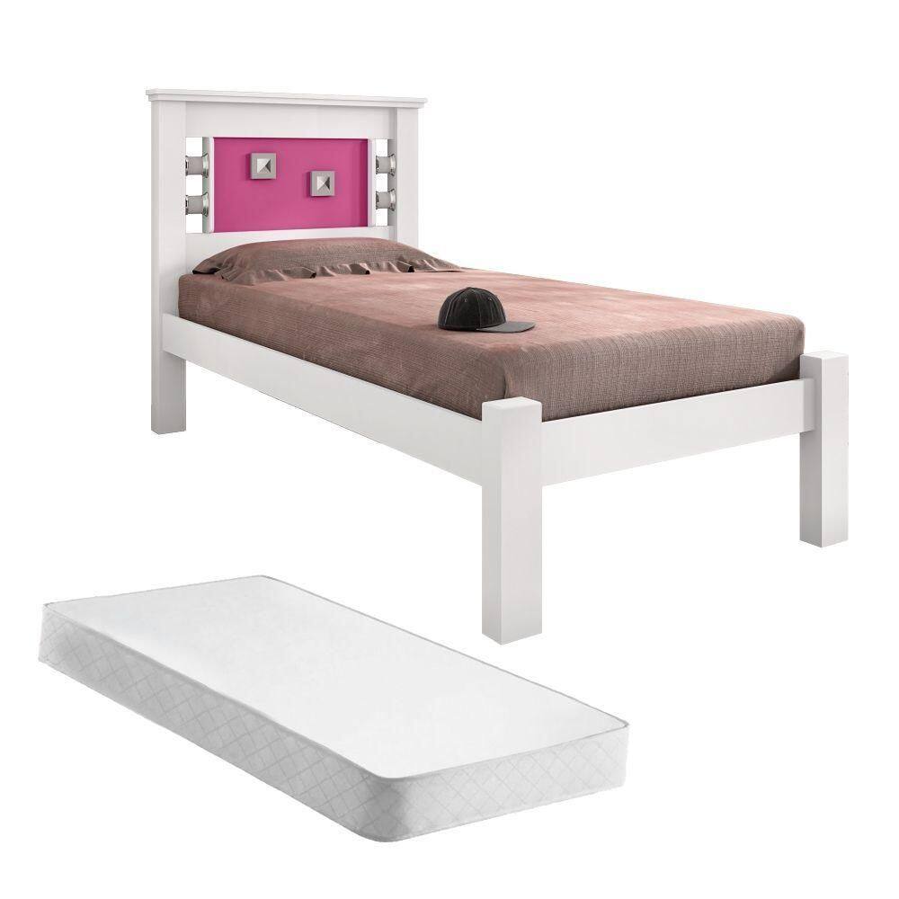 Cama Solteiro Buran Branco E Rosa Com Colchão