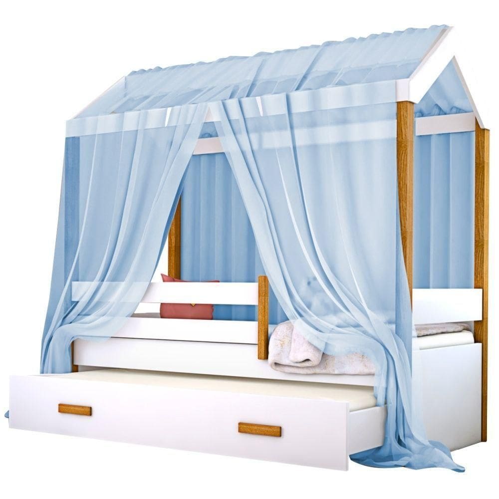 Cama Montessori Cabana Com Auxiliar Solteiro E Dossel Azul
