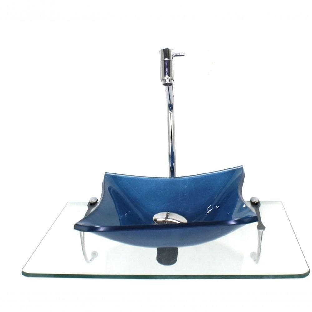 Kit Cuba De Vidro Quadrada 10mm Azul Com Tampo 50cm Suporte