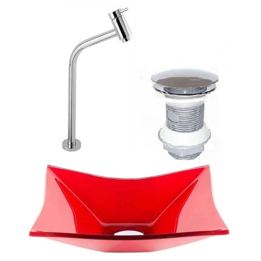 Cuba de Vidro Retangular 39cm Vermelho + Válvula + Torneira