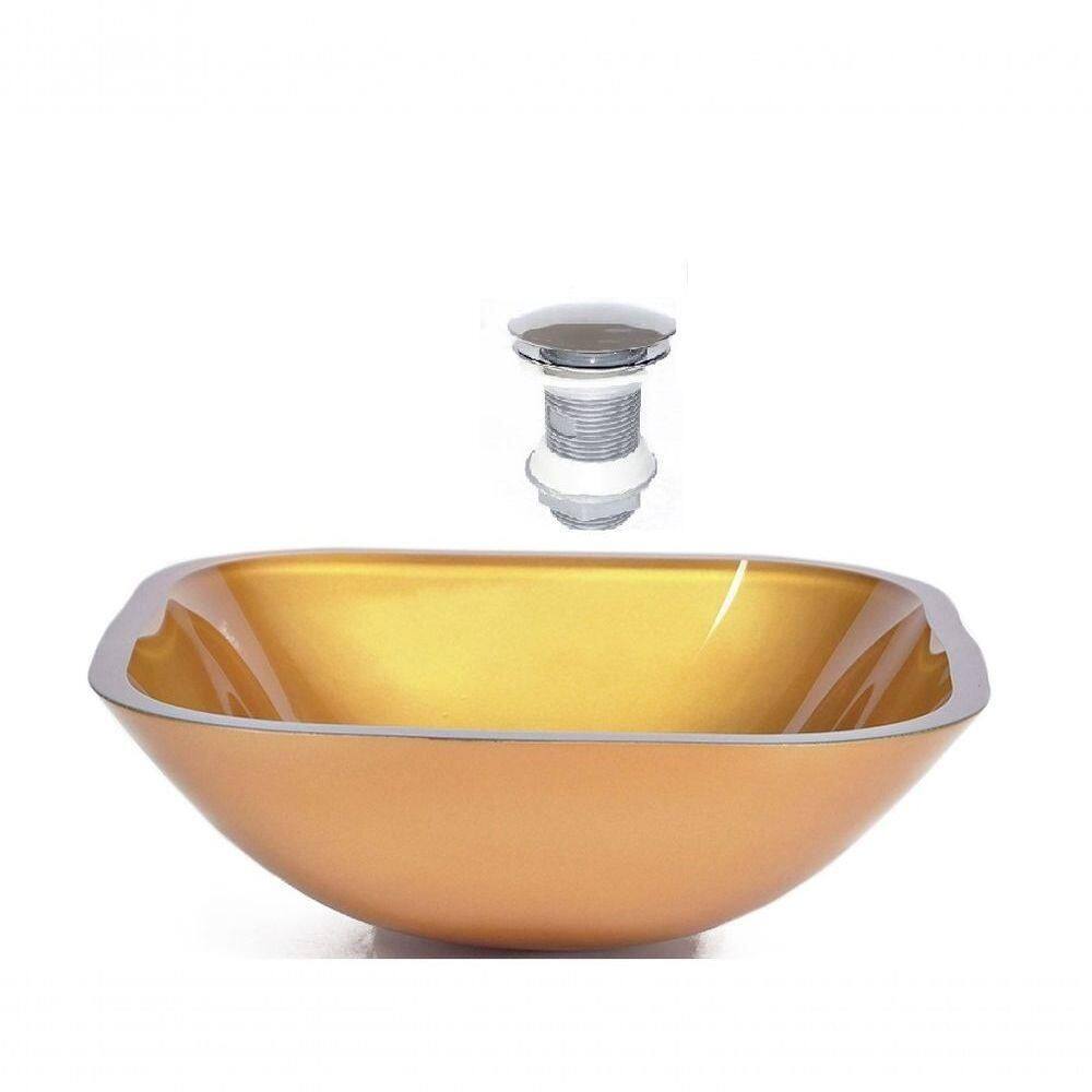 Cuba de Vidro Quadrada 35cm Dourado Real + Valvula Click