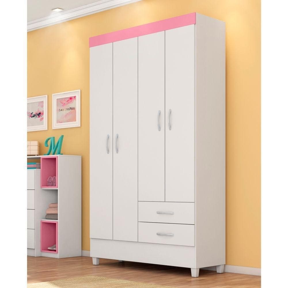 Guarda Roupa 4p Frankfurt Branco/rosa/branco