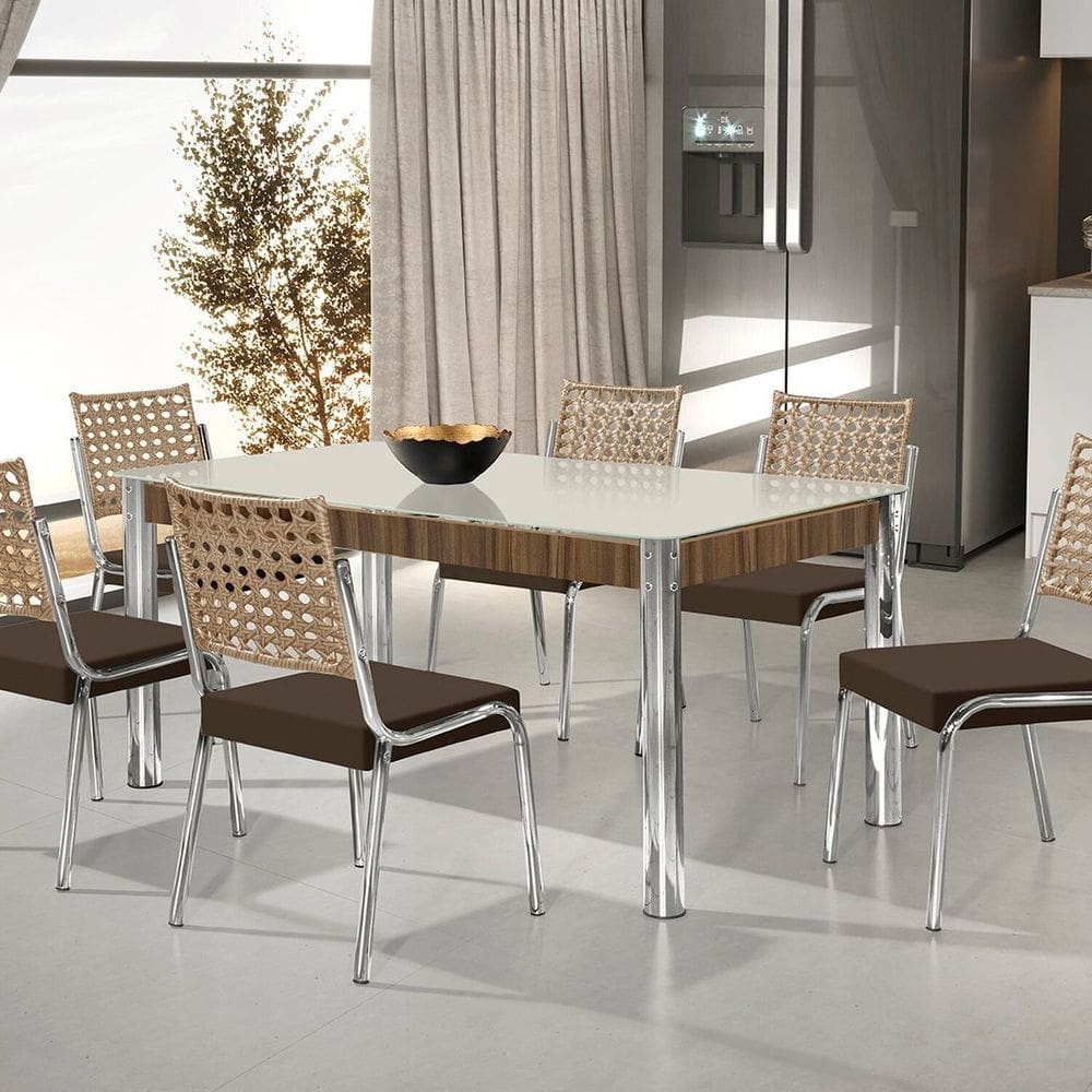 Conjunto Sala de Jantar Mesa Retangular com 6 Cadeiras Natani Cromado/Marrom