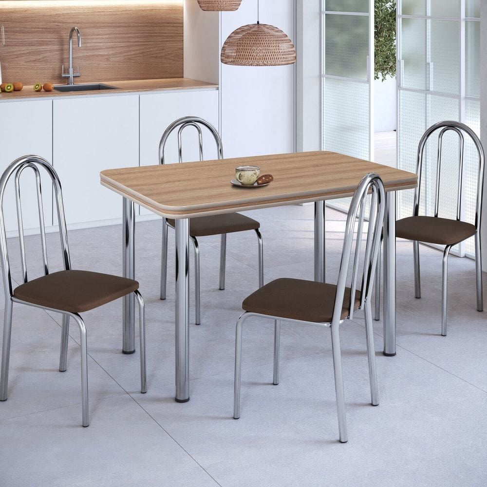 Conjunto Sala de Jantar Mesa com 4 Cadeiras Cromado/Mel/Marrom