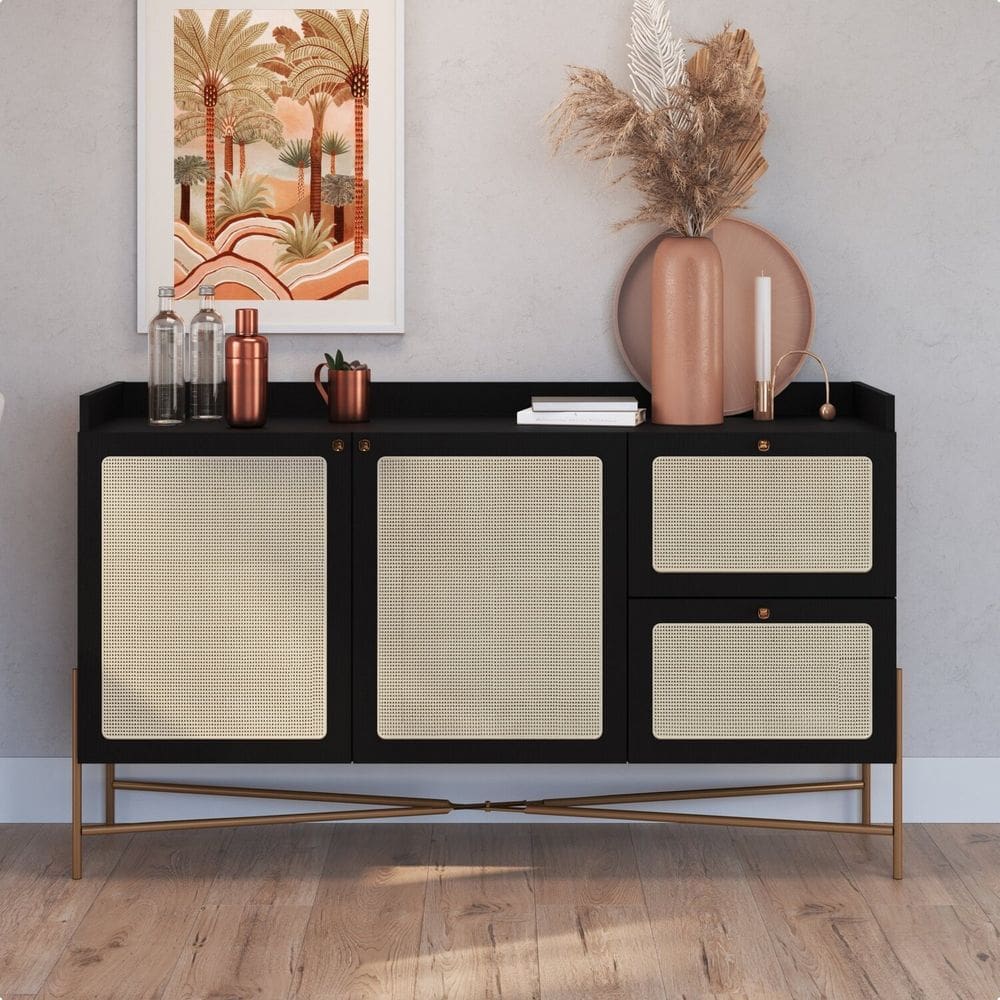 Balcão Buffet 2 Portas 2 Gavetas 139cm Palhinha Pé Metal Nero/Dourado
