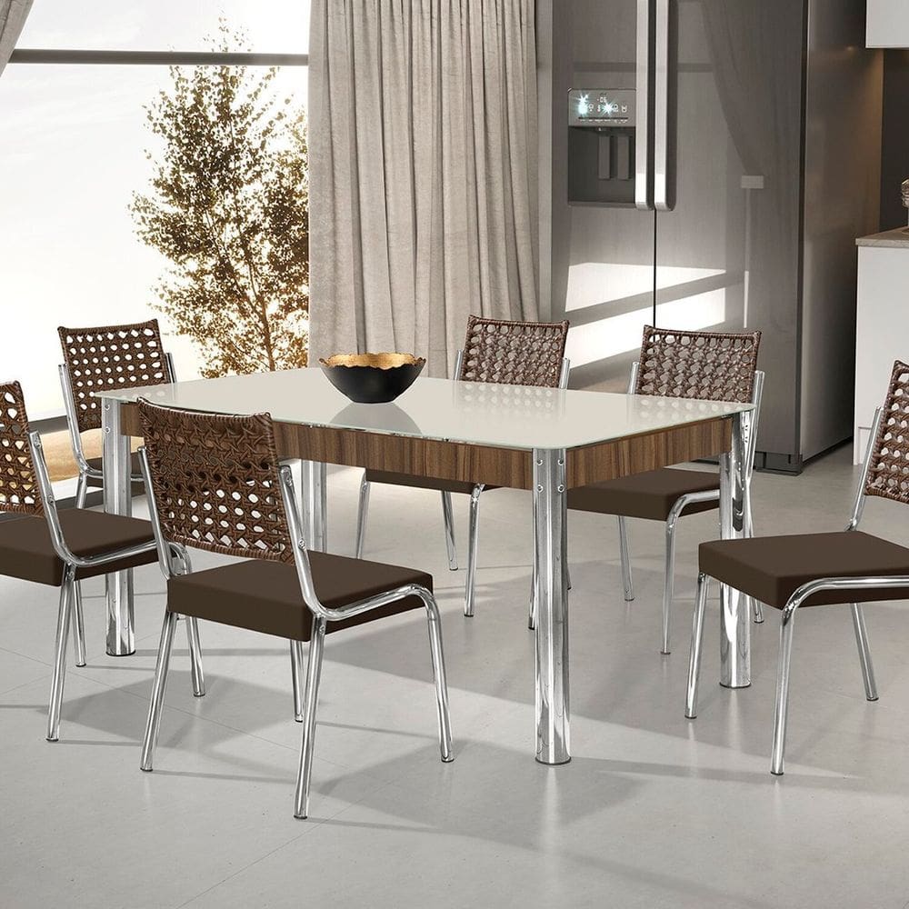 Conjunto Sala de Jantar Mesa Retangular com 6 Cadeiras Natani Cromado/Marrom
