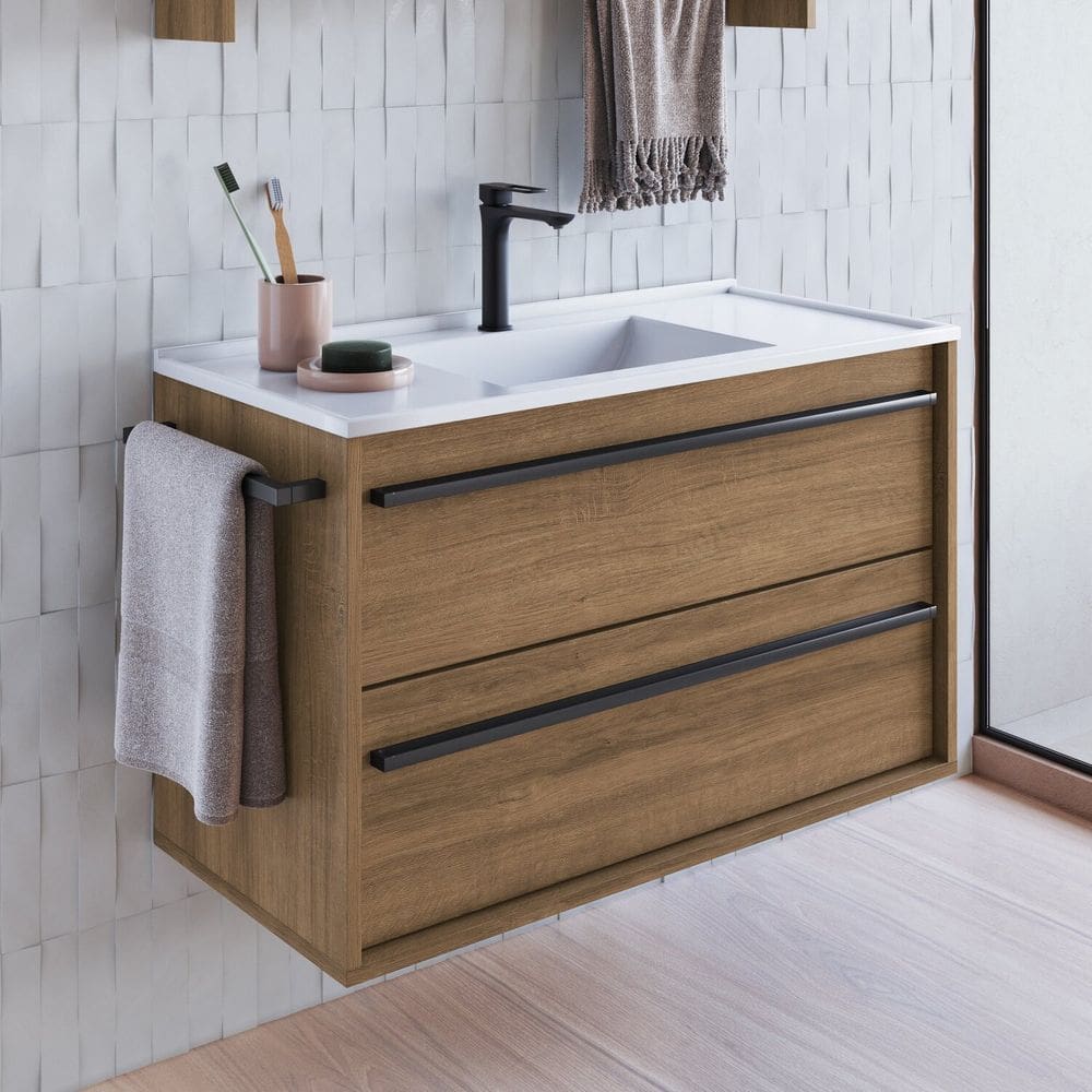 Gabinete de Banheiro Suspenso 80cm com 1 Toalheiro 1 Porta 1 Gaveta Bh8030 com Lavatorio Mel