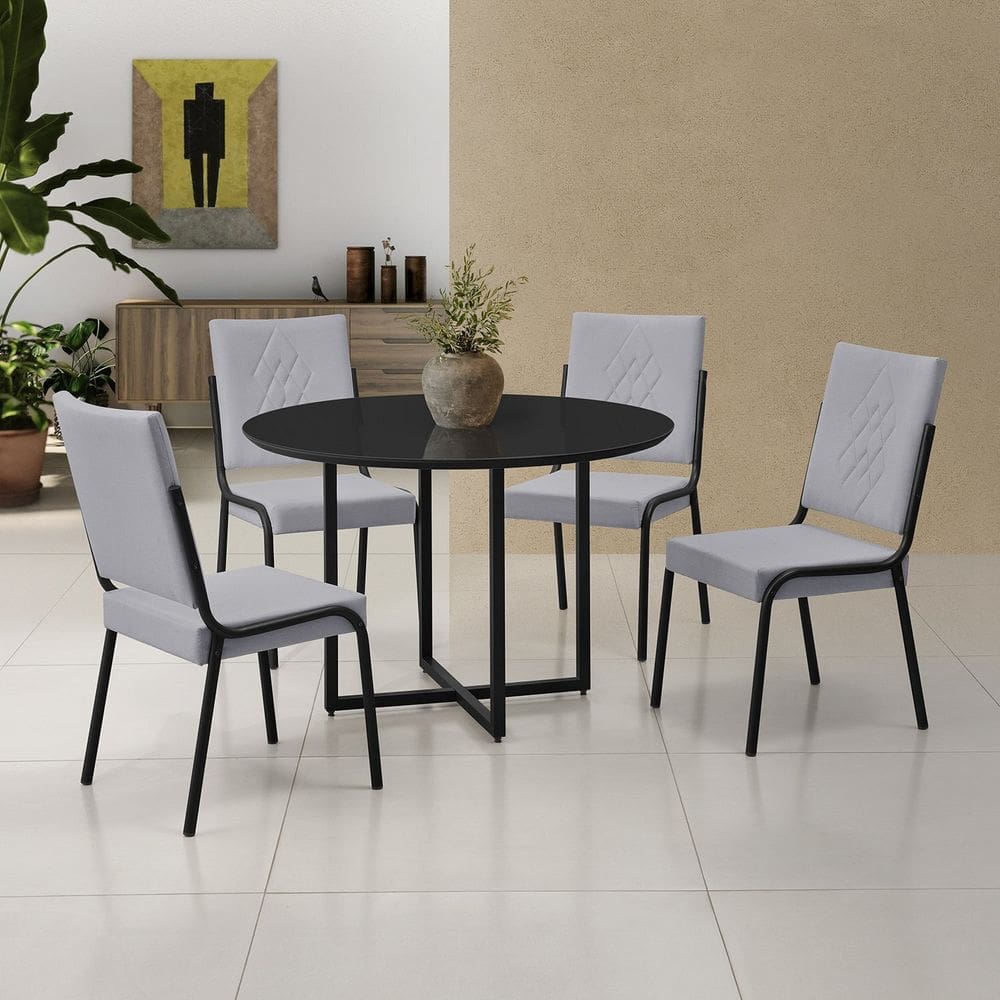 Conjunto Sala de Jantar Mesa em Mdf com Vidro 4 Cadeiras Moscou Preto/Cinza