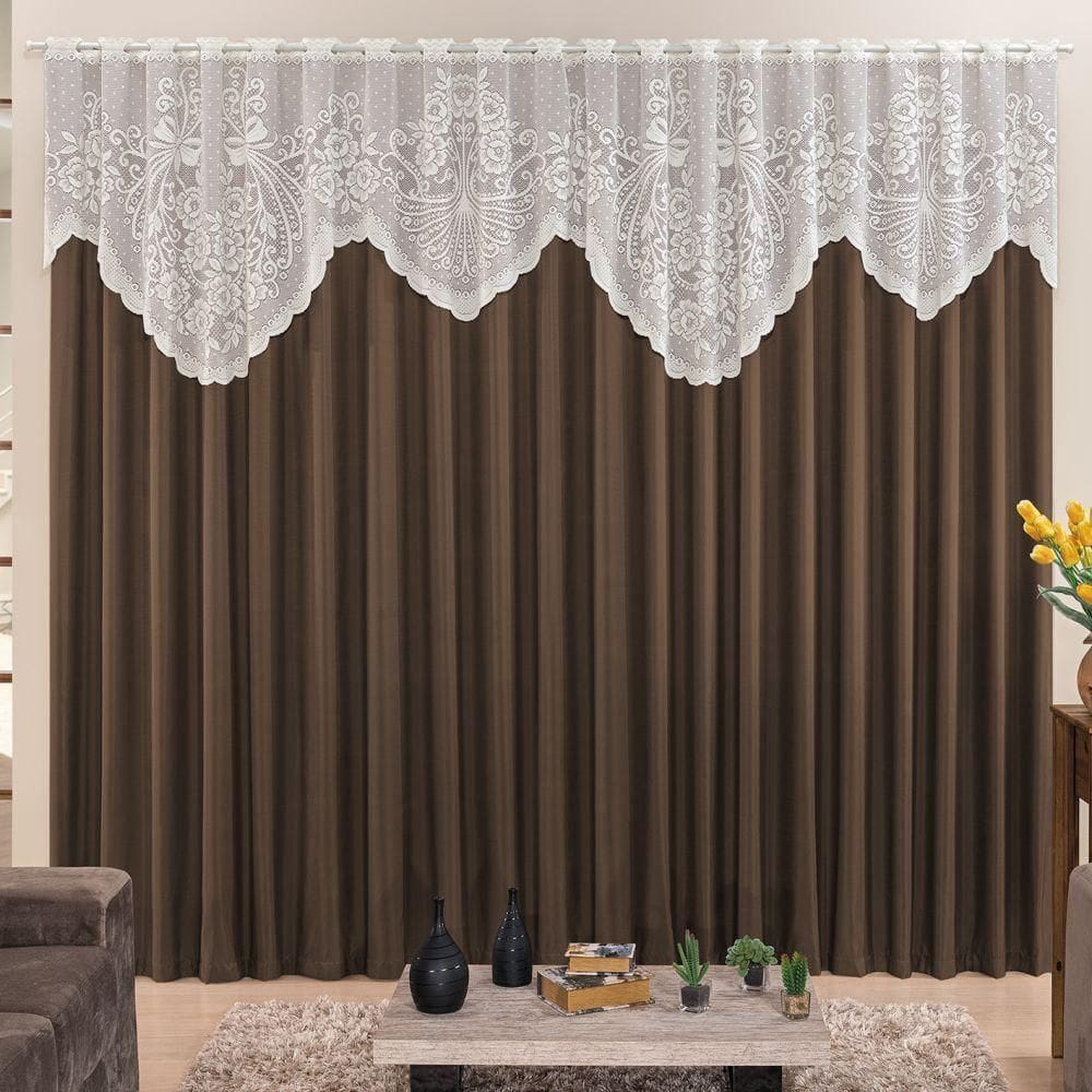 Cortina 2,00m X 1,70m Do Momento Sala Quarto Renda Com Microfibra P Varão Tabaco