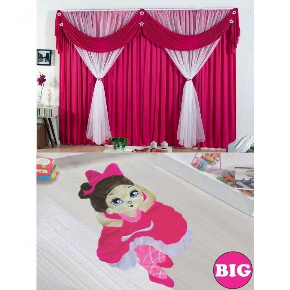 Kit Decoração P/ Quarto De Menina = Cortina Malha Jéssica + Tapete Pelucia Big Jully - Pink