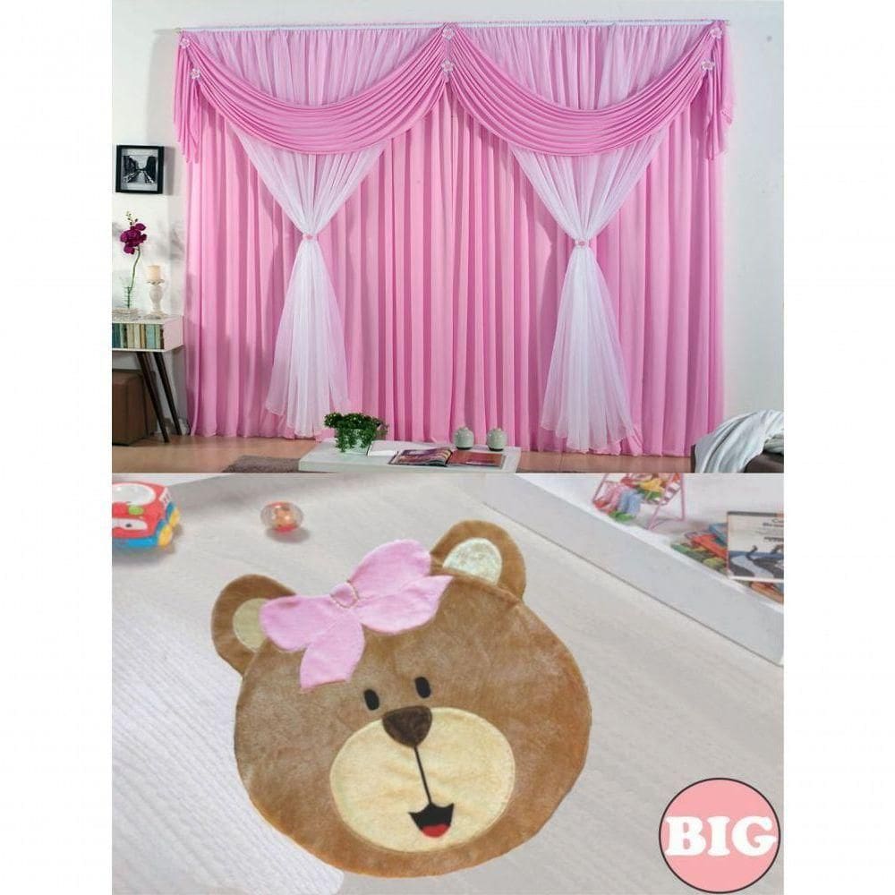 Kit Decoração P/ Quarto De Menina = Cortina Malha Jéssica + Tapete Pelucia Big Ursinha - Rosa