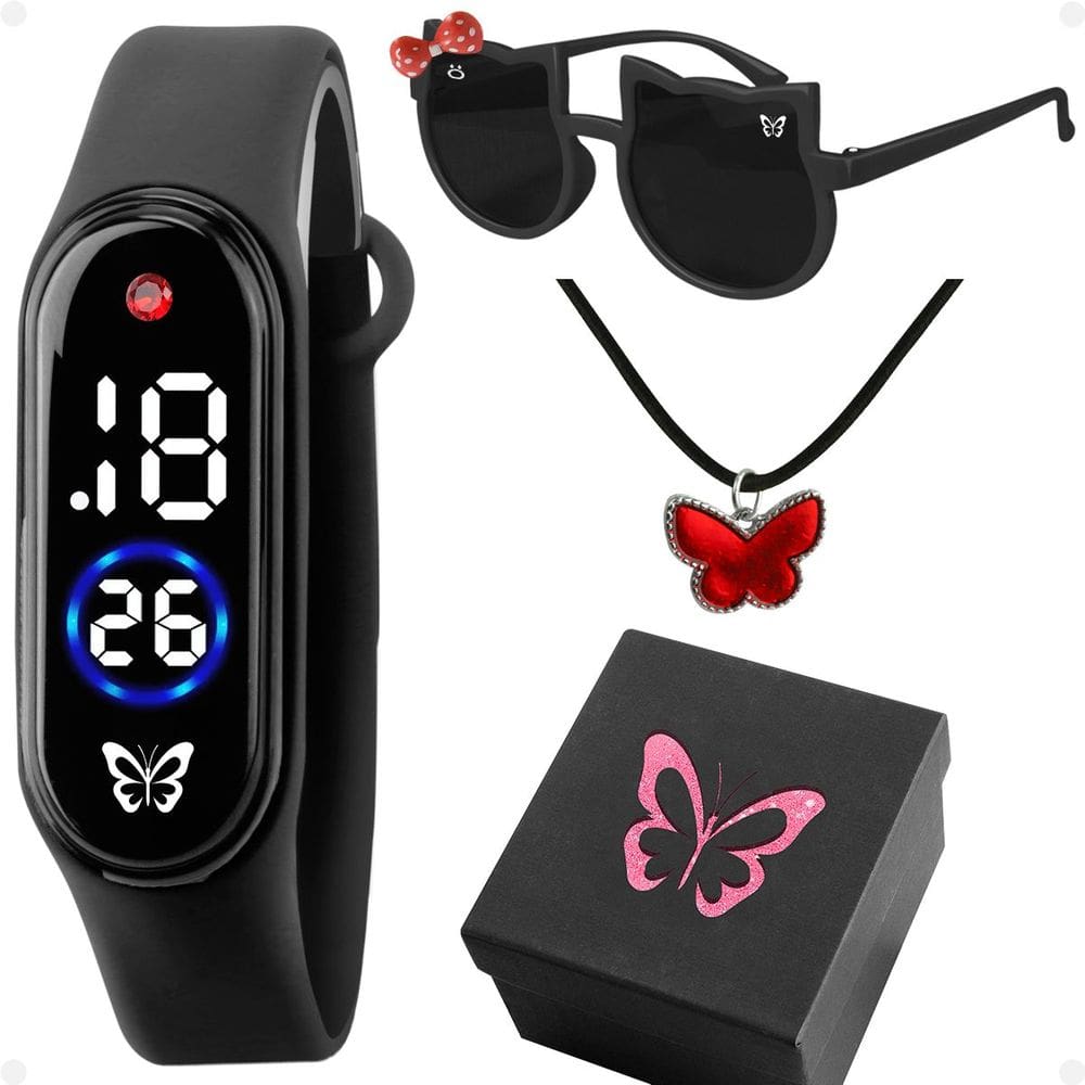 Relógio Infantil Digital Menina + Caixa + Colar Silicone Rosa Ajustável Criança Social Led Acetato
