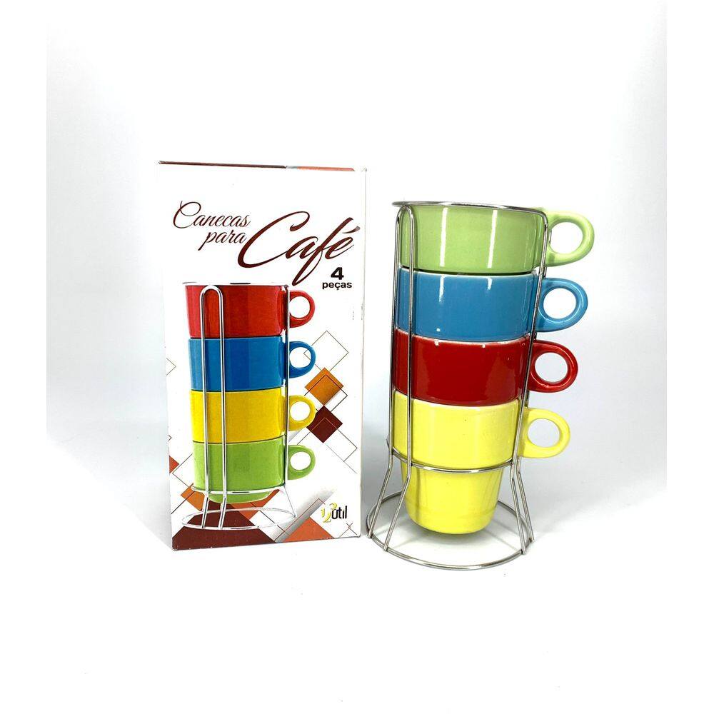Canecas para Café – Conj. c/ 4 Xícaras + Suporte Metálico