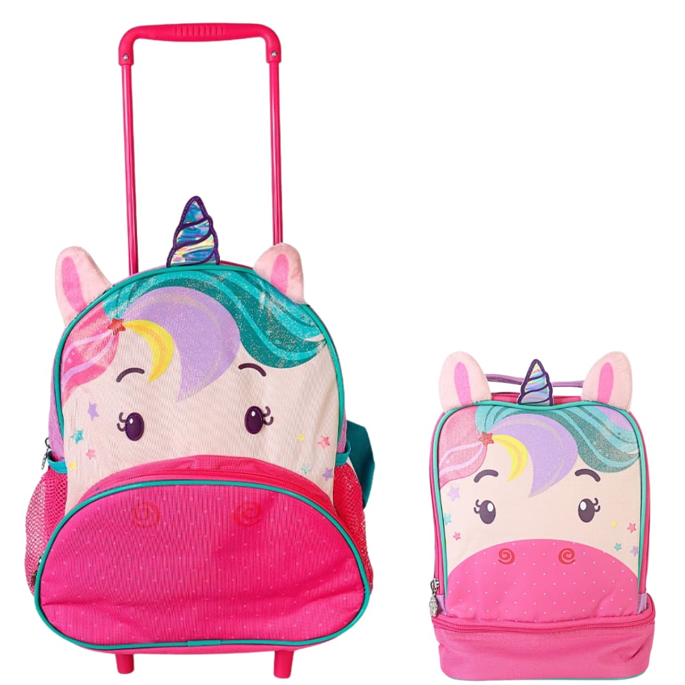 Kit Mochila Infantil Escolar Com Rodinha e Lancheira Térmica Costa Com Alça Inicornio Pets Cor Roxo