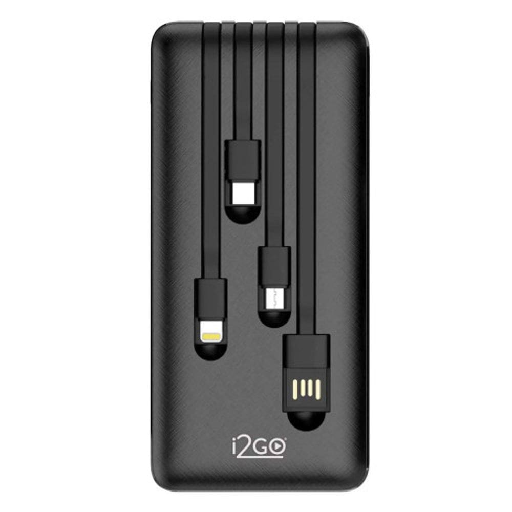 Carregador Portátil (Power Bank) 10000mAh 4 em 1 com Cabos Acoplados (Micro USB, USB-C, Lightning E USB-A) I2GO Plus
