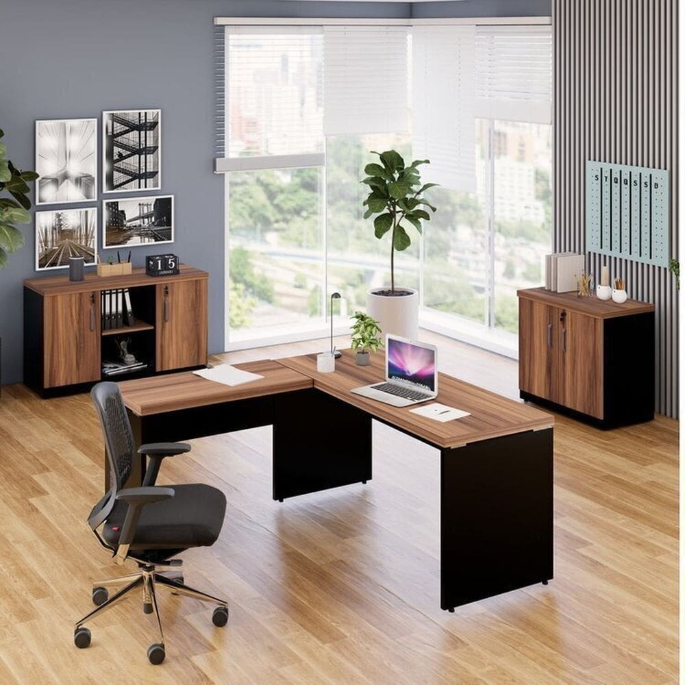 Conjunto de Mesa em L 150x150cm com Dois Armários Baixos Espresso Móveis Marrom/Preto