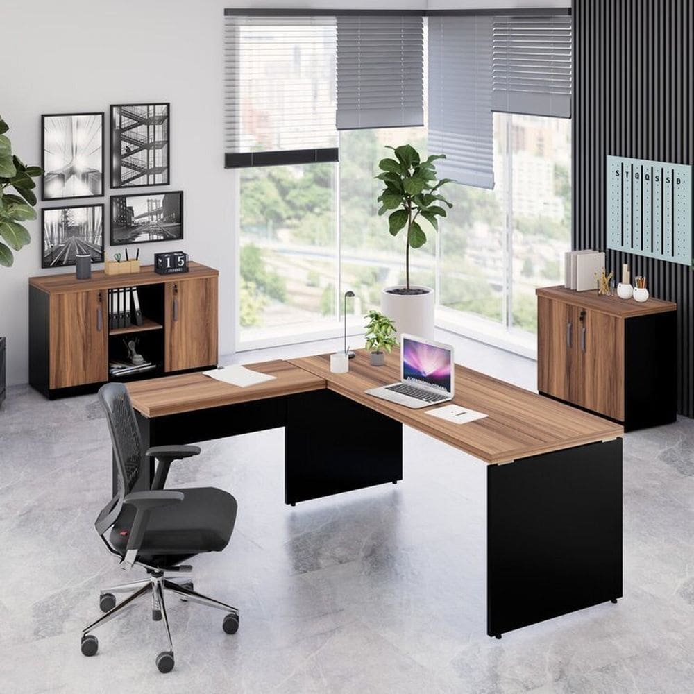 Conjunto de Mesa em L 170x160cm, com Dois Armários Baixos Espresso Móveis Marrom/Preto