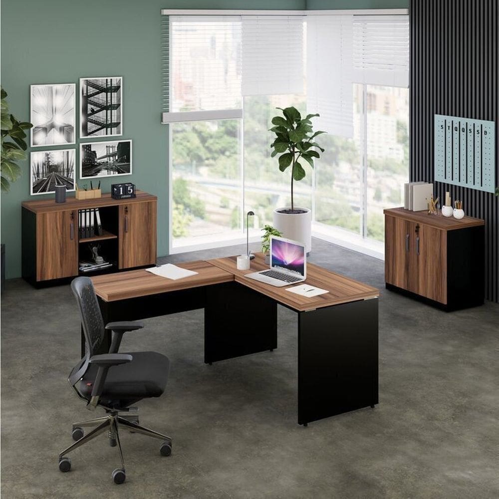 Conjunto de Mesa em L 120cmx150cm, com Armário Baixo e Armário Baixo com Chave Espresso Móveis Marrom/Preto