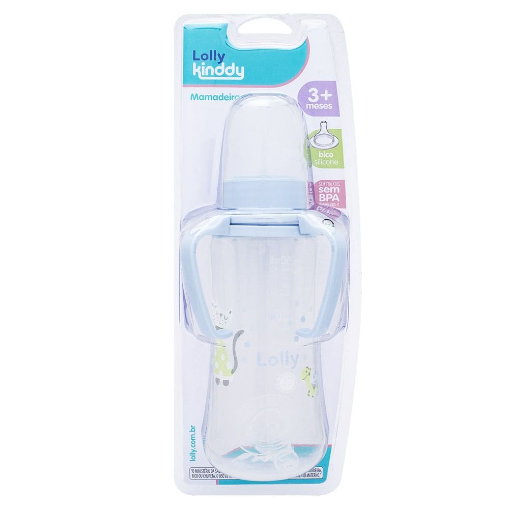 Mamadeira com Alca Lolly Kinddy Bico de Silicone Azul 3+Meses 250ml